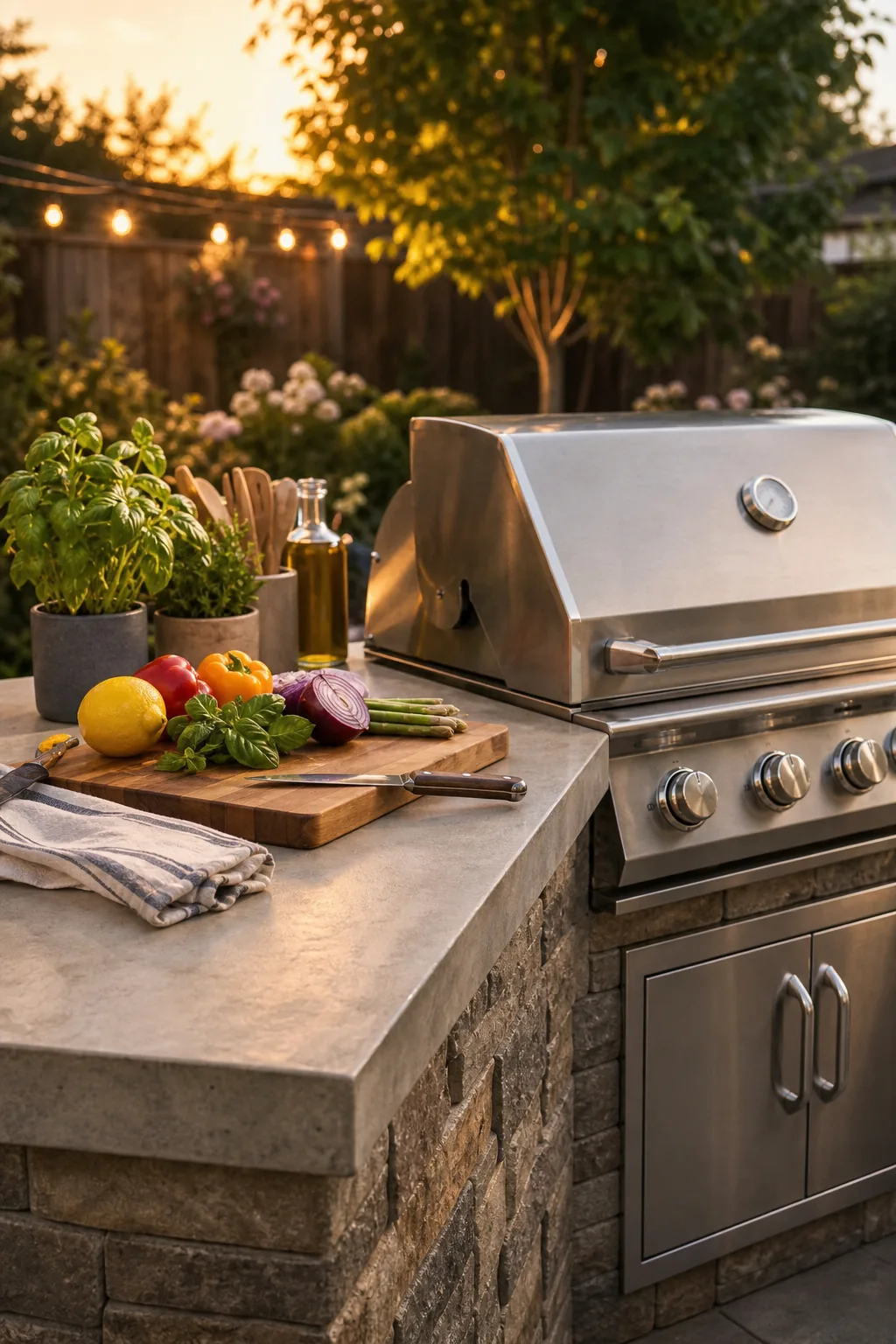 Clear concrete countertop space next to a grill, holding a wooden cutting board.