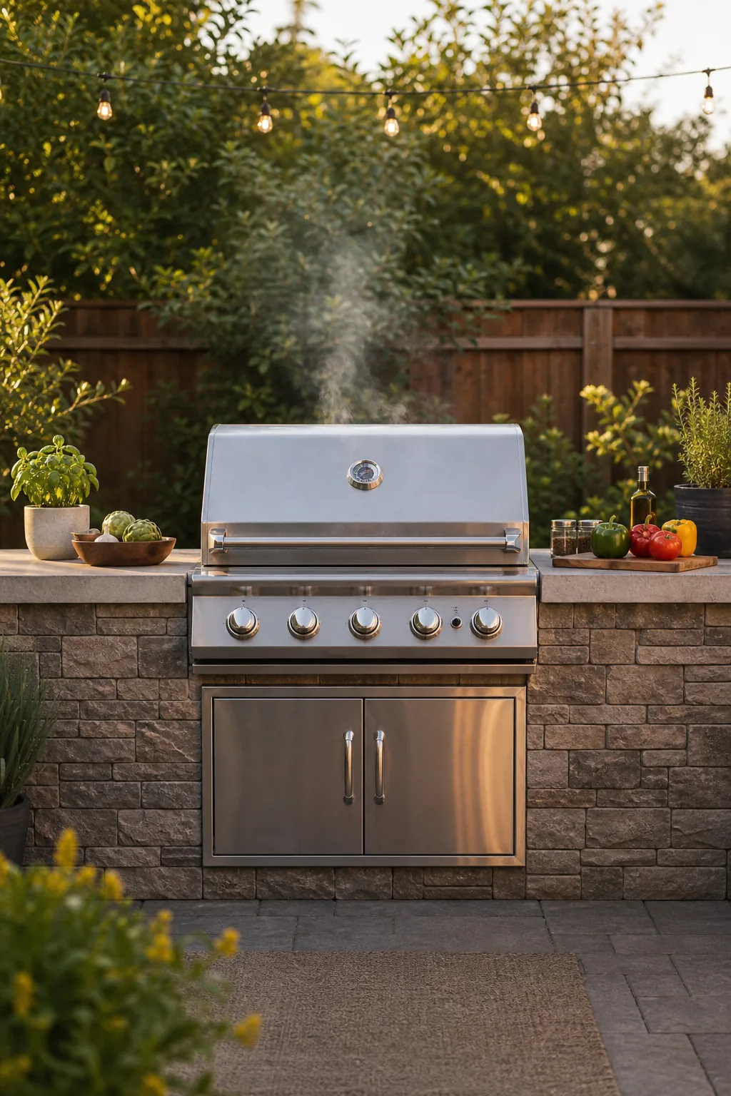 Stainless steel gas grill built into an outdoor counter with closed storage doors below.