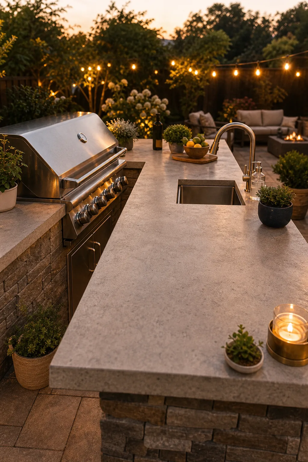 A 24-inch span of clear concrete counter separating a built-in grill from a stainless steel sink.