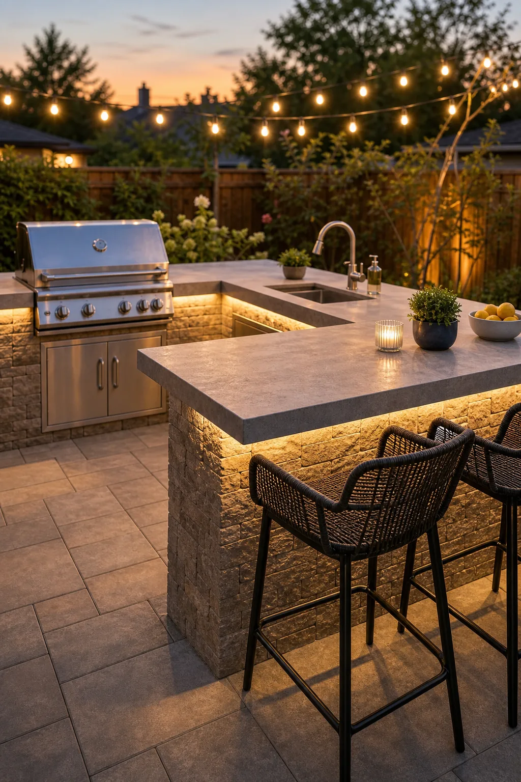 Two woven outdoor bar stools pulled up to a raised concrete counter ledge.