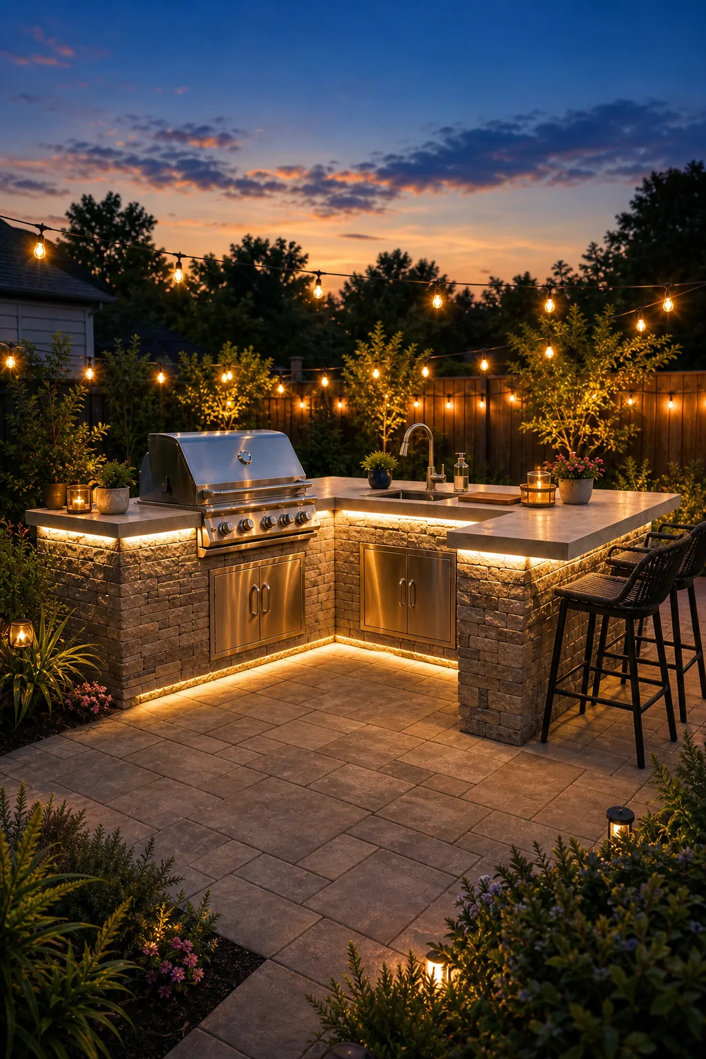 Warm string lights hung above an outdoor kitchen, with under-counter lights illuminating the stone base.