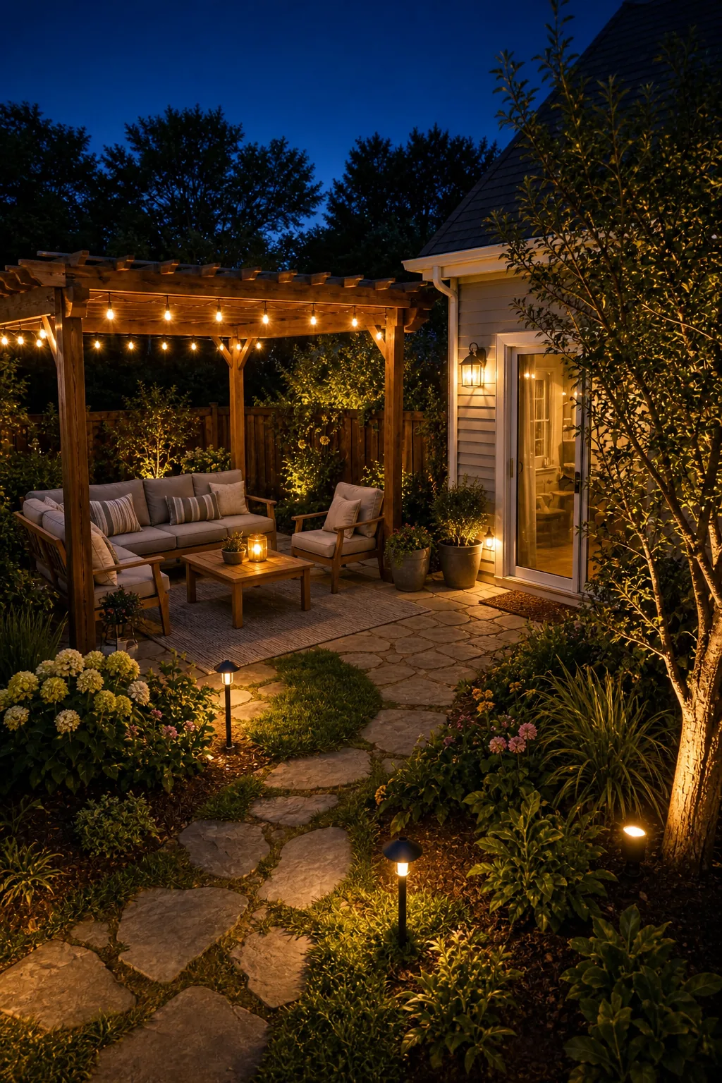 An elevated view of a patio at night showing string lights, wall sconces, and landscape spotlights working together.