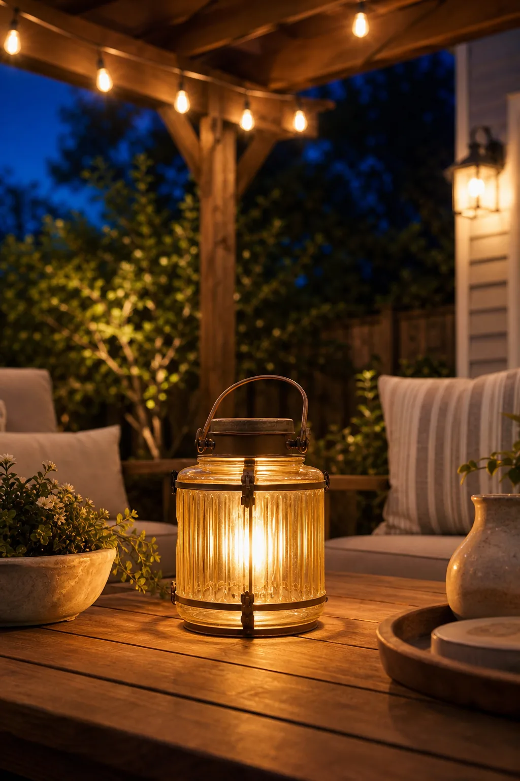 Warm string lights hanging from a wooden pergola against a twilight sky.