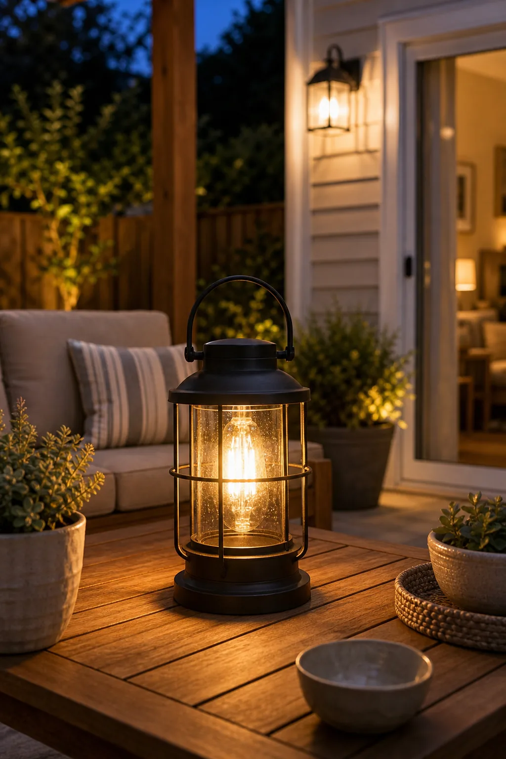 A decorative tabletop lantern emitting a warm, cozy glow on an outdoor table.