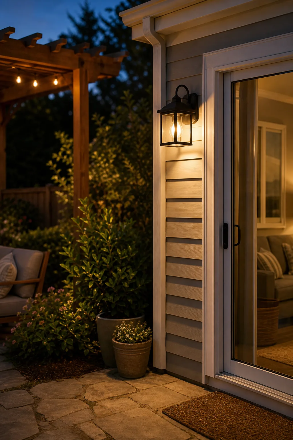 A bright black wall sconce illuminating the exterior siding next to a patio door.