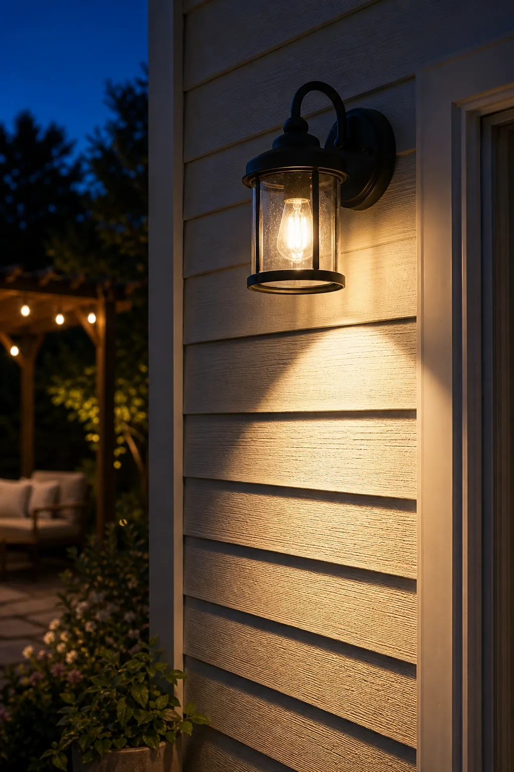 Close-up of an outdoor light fixture casting a bright pool of light on a textured wall.
