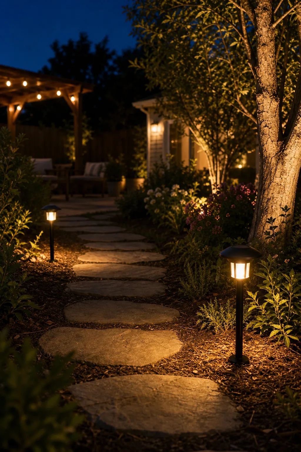 A stone pathway illuminated by low path lights with dark spaces between them.