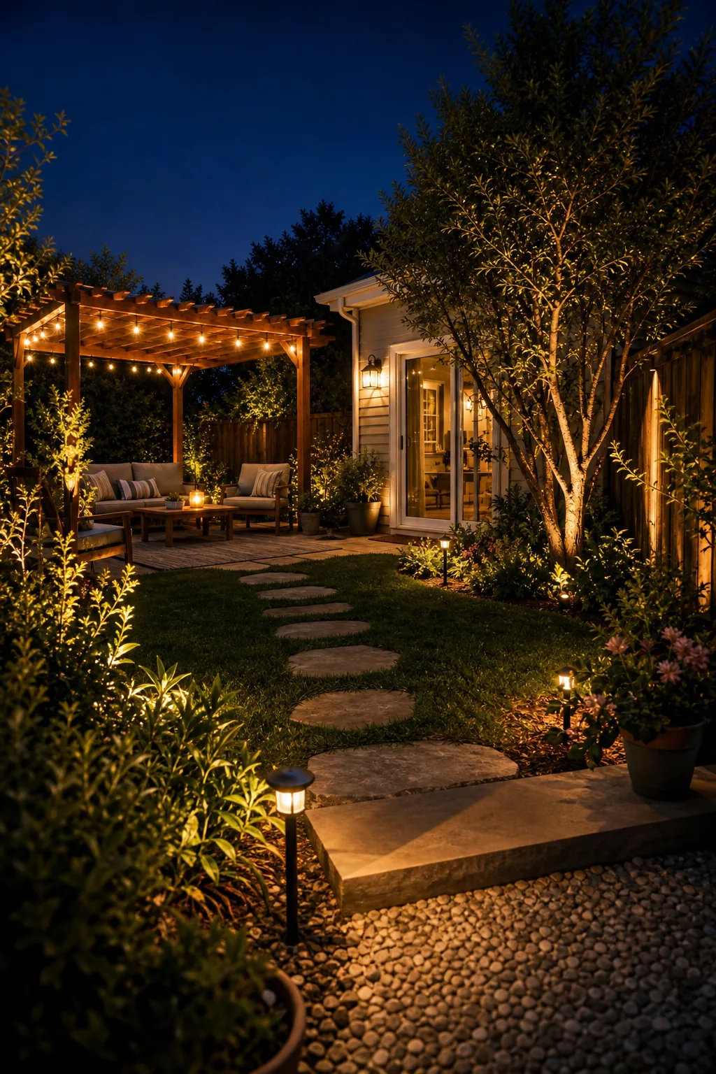 A wide view of a backyard at night showing perfectly balanced ambient, task, and accent lighting.