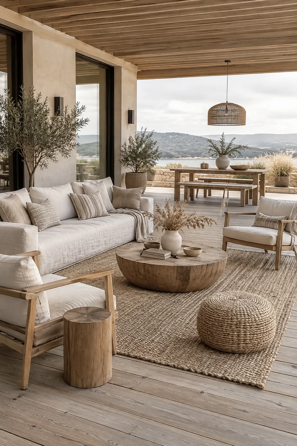 Wicker patio furniture arranged over a large geometric outdoor rug.