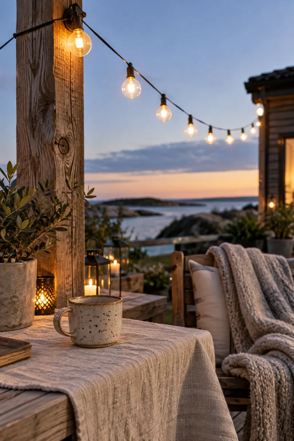 Warm cafe string lights hung in a zigzag pattern over a patio.