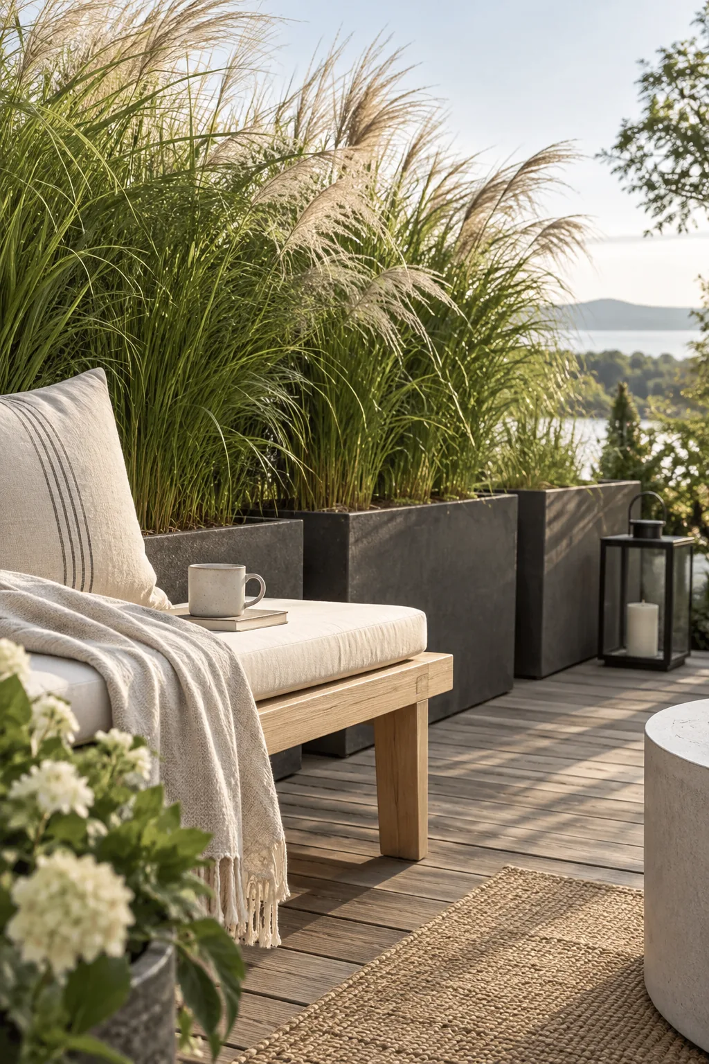 Tall ornamental grasses planted in modern black rectangular planters on a deck.