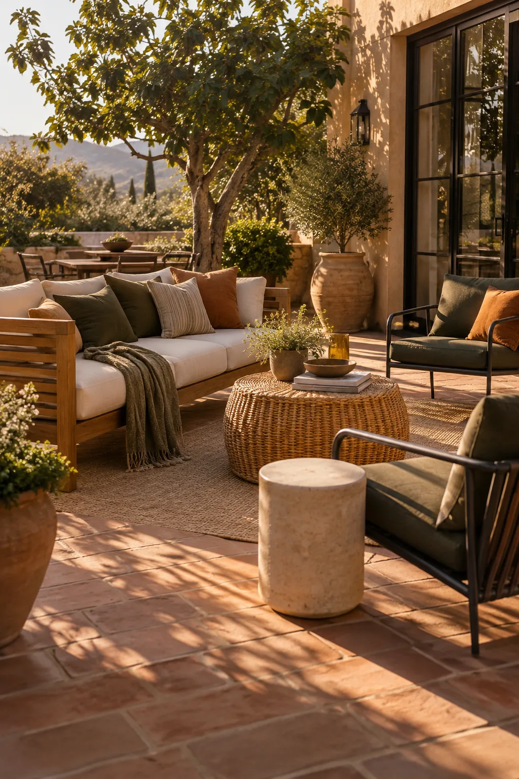 A wooden teak sofa paired with modern black metal chairs.