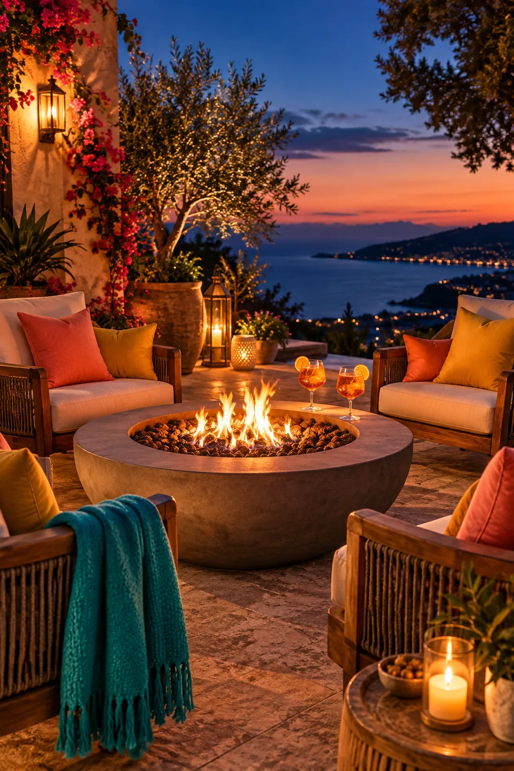 Four lounge chairs arranged around a modern concrete gas fire pit.