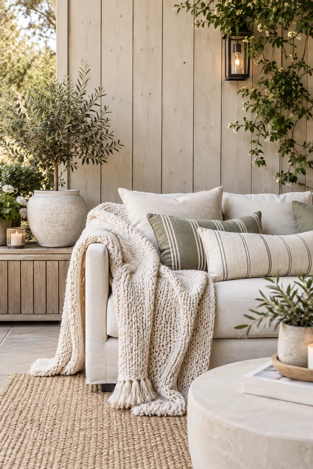 Outdoor sofa styled with patterned lumbar pillows and a knit throw.