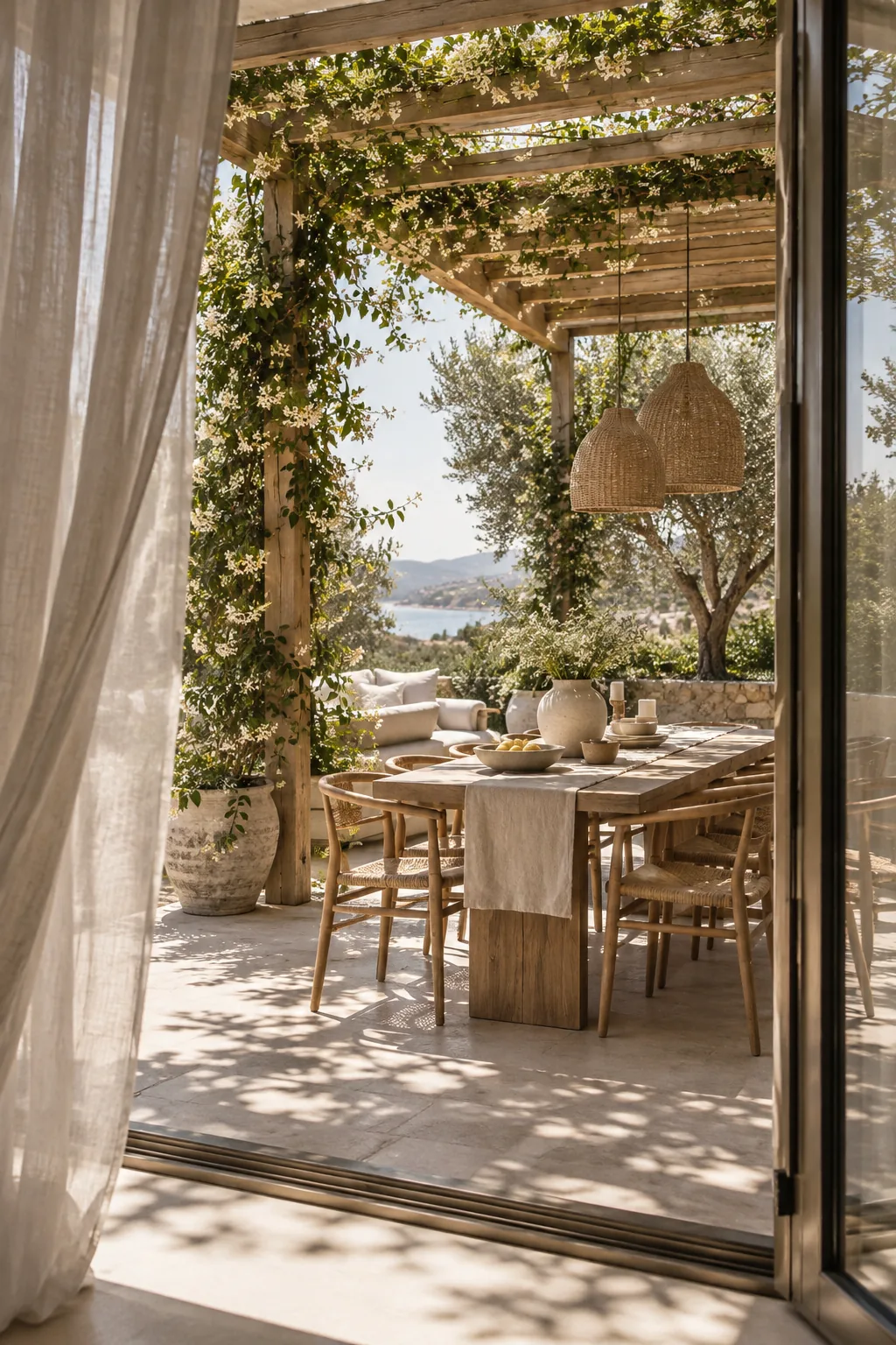 A wooden pergola over a dining table with climbing vines on the posts.