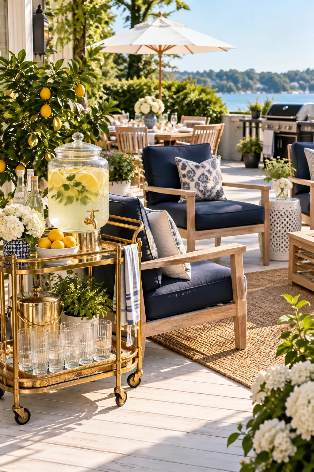 A styled rolling bar cart with acrylic glasses and a beverage dispenser on a patio.