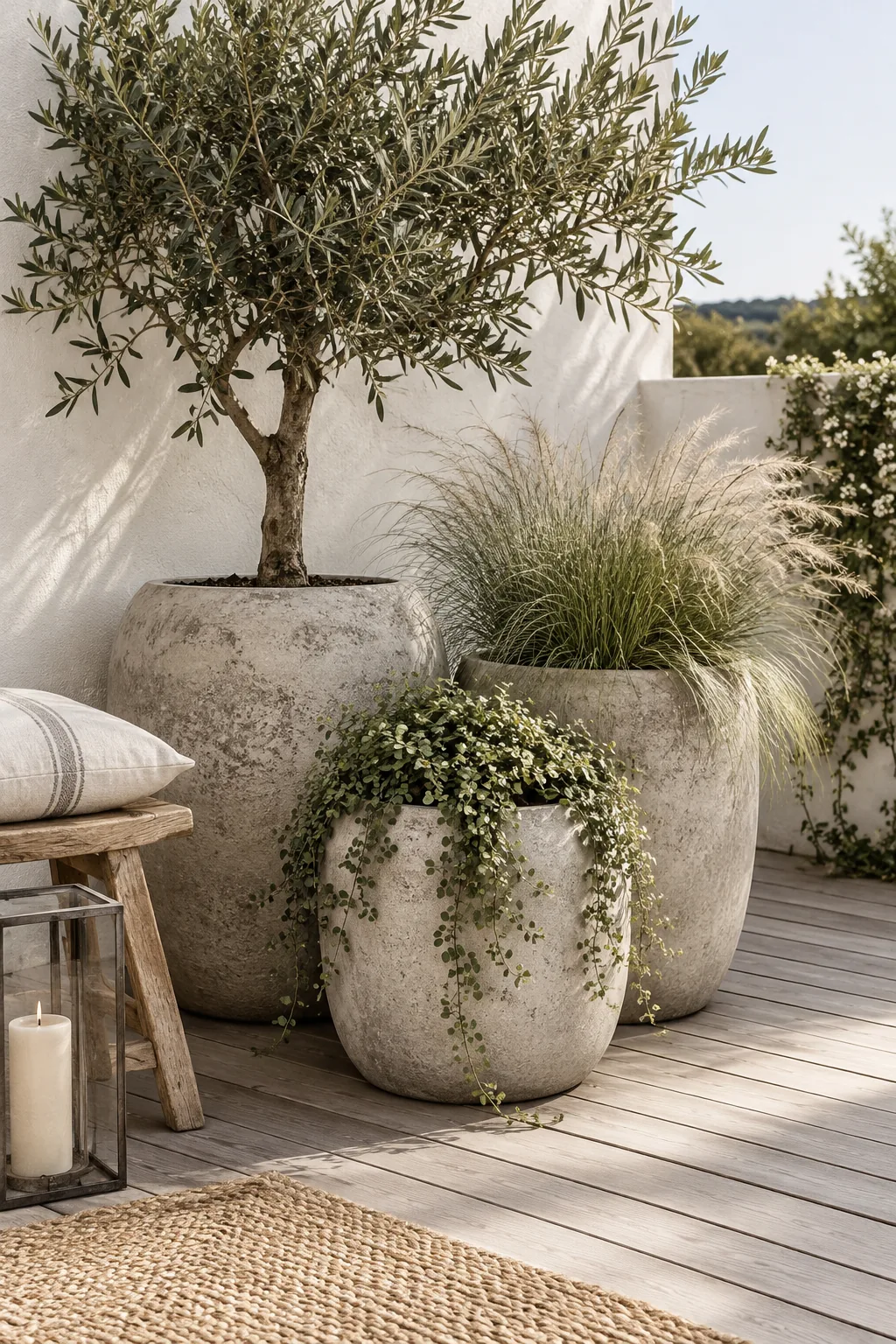 Three large concrete planters with an olive tree and trailing ivy in a patio corner.
