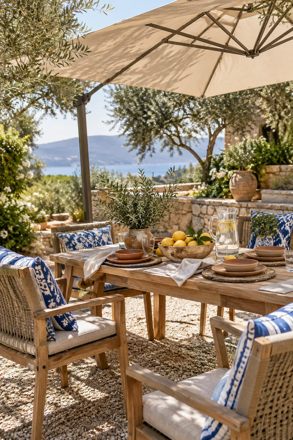A large cantilever umbrella shading a round outdoor dining table.