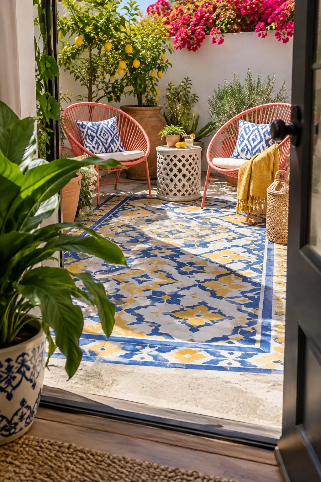 A patio floor featuring a painted tile pattern in black and white.