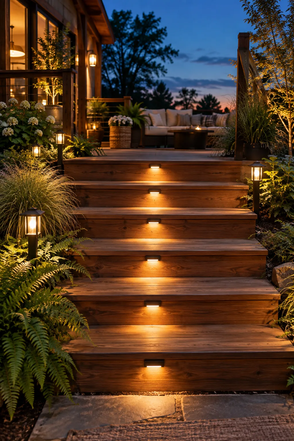 Subtle solar path lights illuminating wooden deck stairs at night.