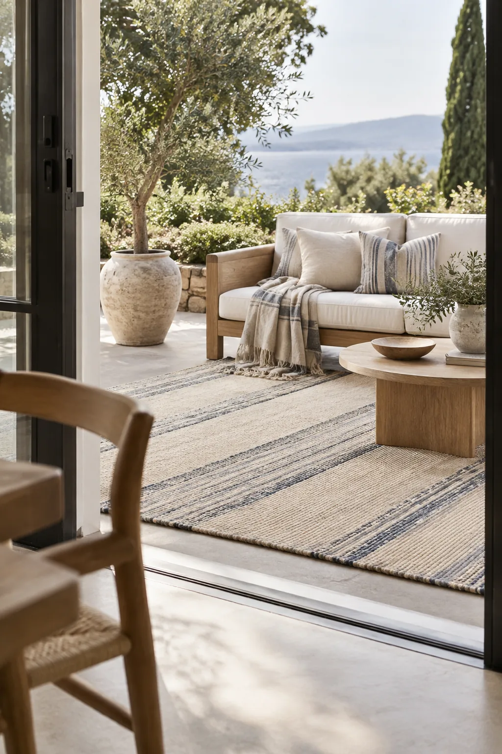 A patio seating area anchored by a large striped outdoor rug under a sofa