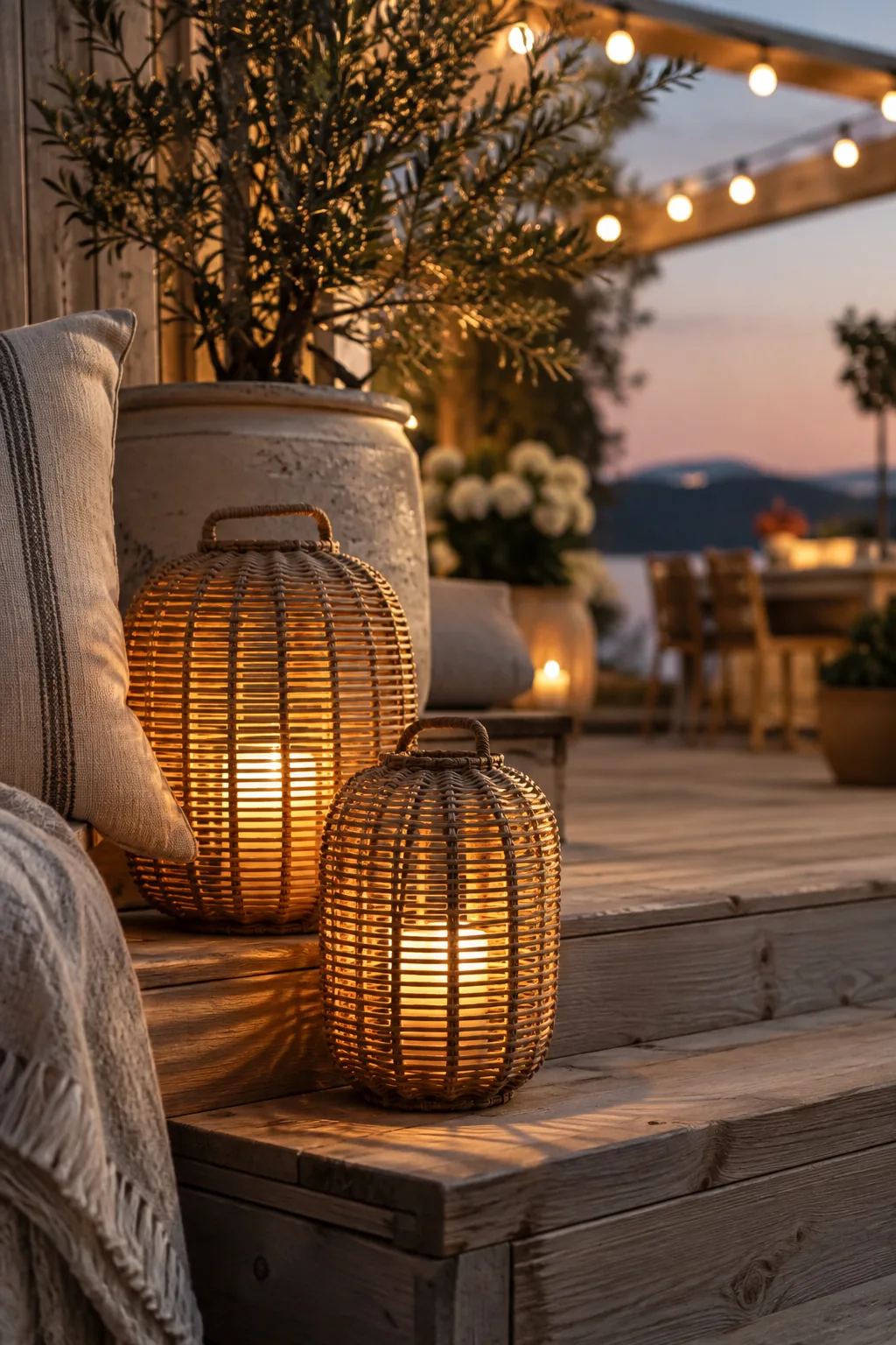A backyard patio illuminated by overhead string lights and floor lanterns