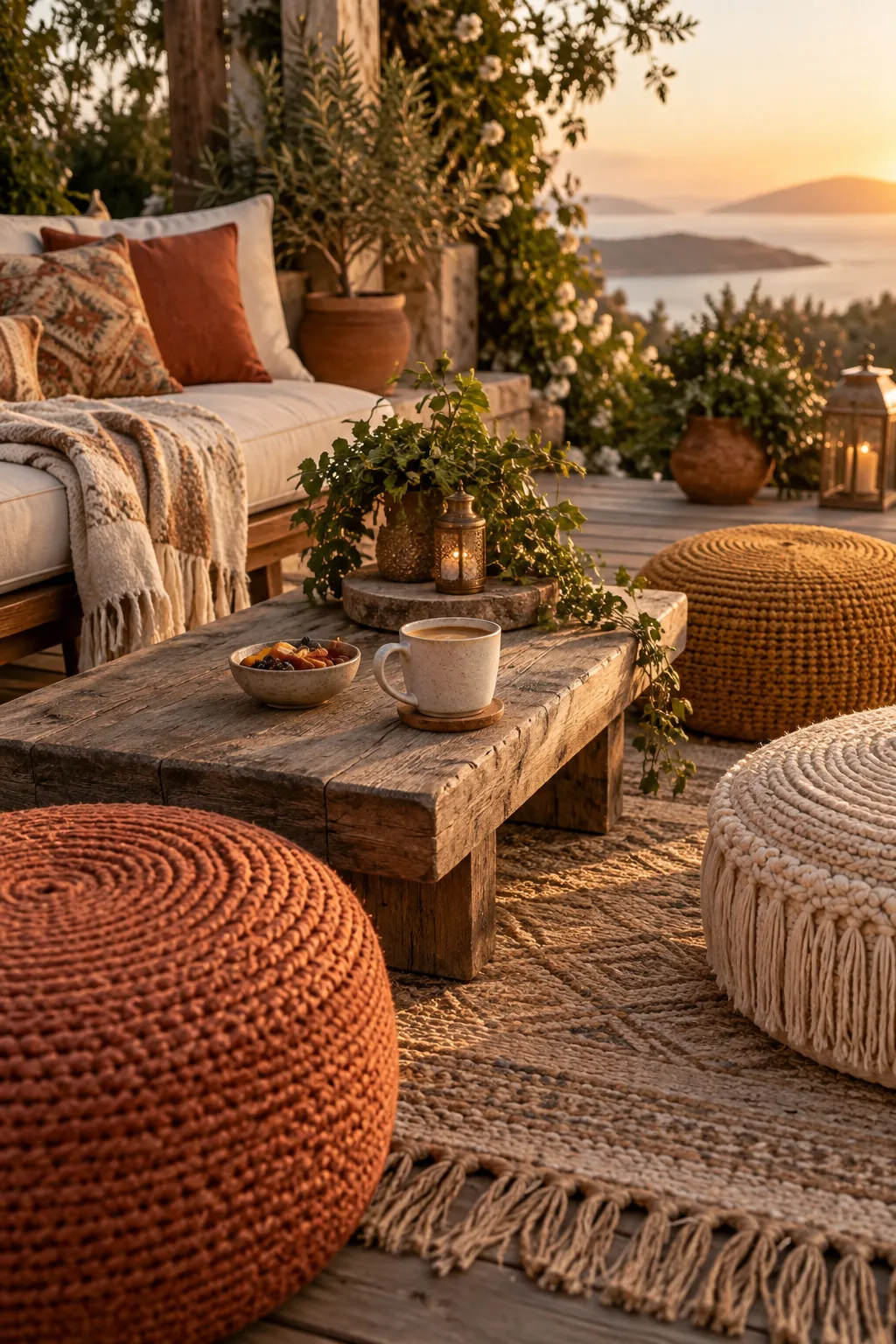 Weatherproof poufs arranged around a low outdoor coffee table on a deck