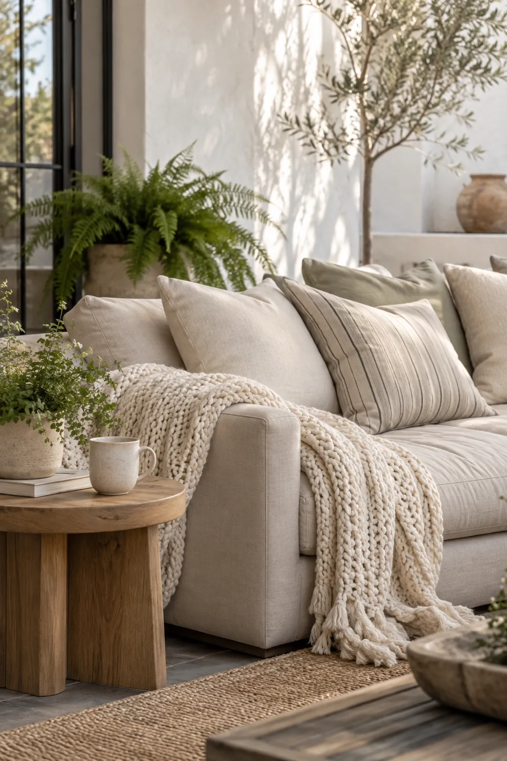 A deep upholstered outdoor sofa styled with throw pillows and a knit blanket