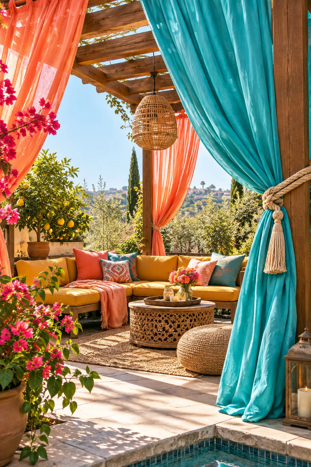 White outdoor curtains hanging from a wooden pergola blowing in the breeze