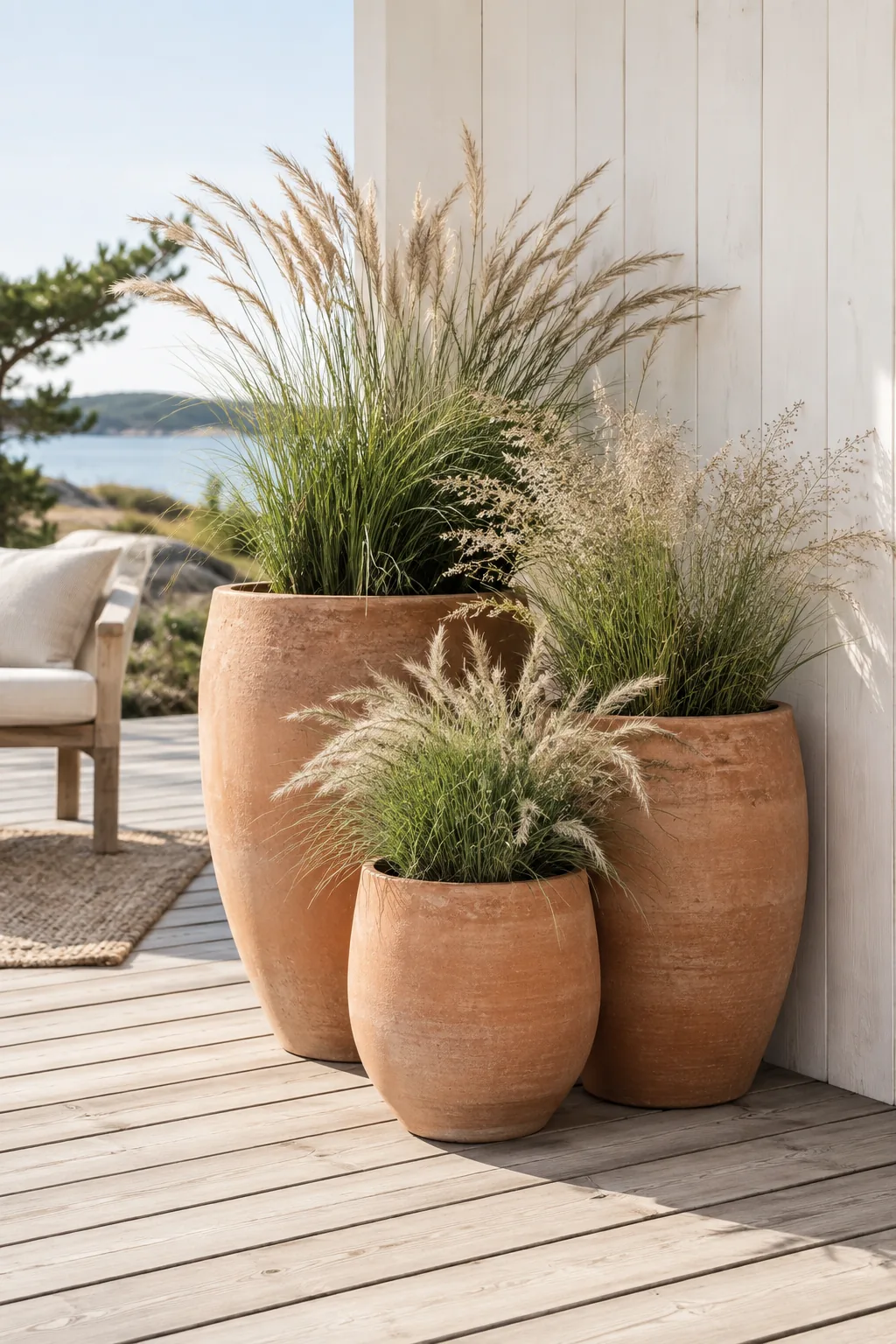 Three tall terracotta pots filled with tall ornamental grasses in a patio corner