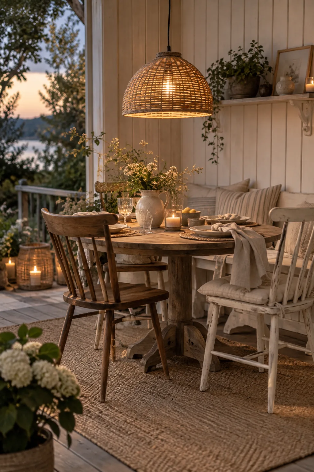 A small round bistro table with vintage chairs tucked into a patio corner