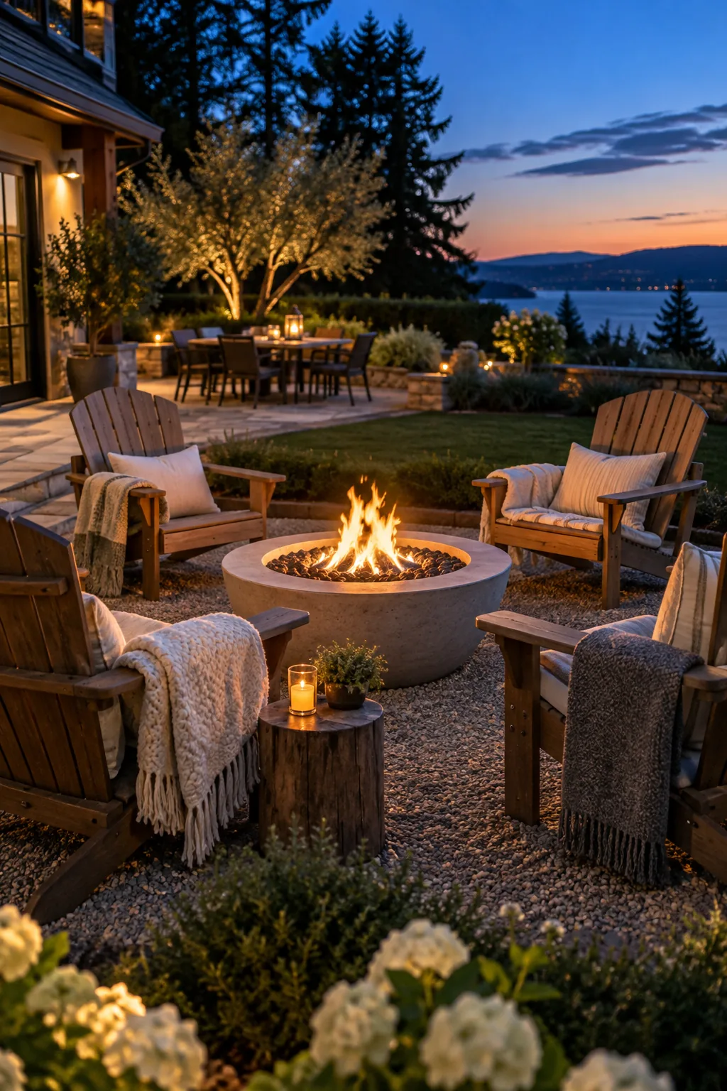 A sleek propane fire bowl surrounded by Adirondack chairs on a patio