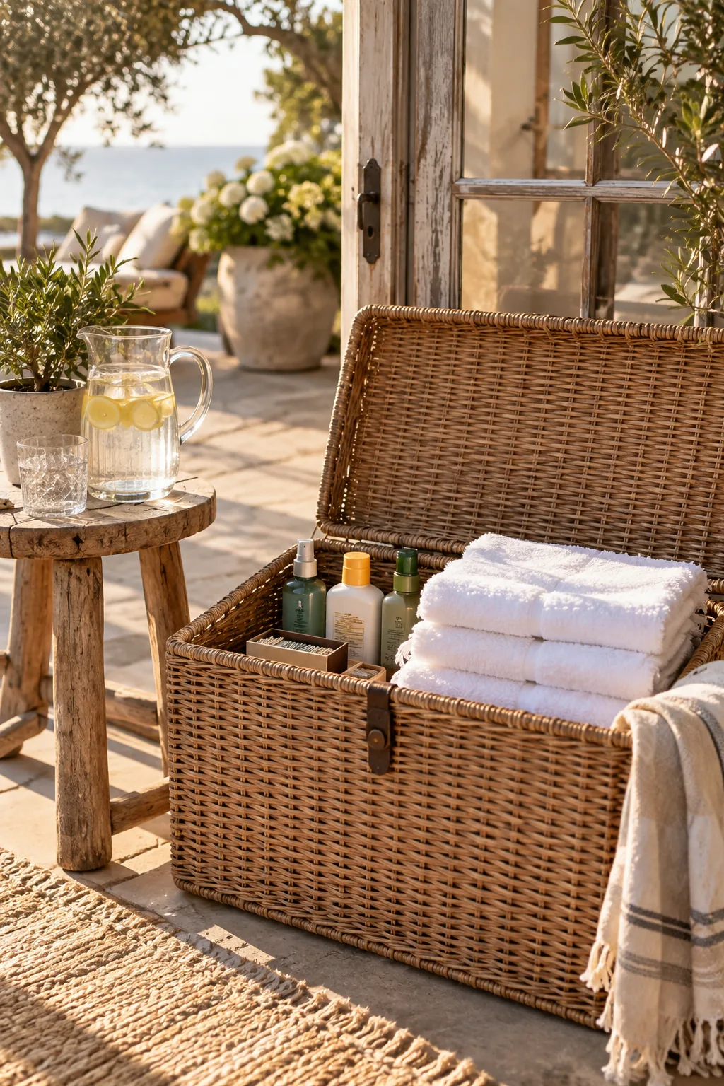 A woven storage trunk on a patio filled with towels, bug spray, and sunscreen