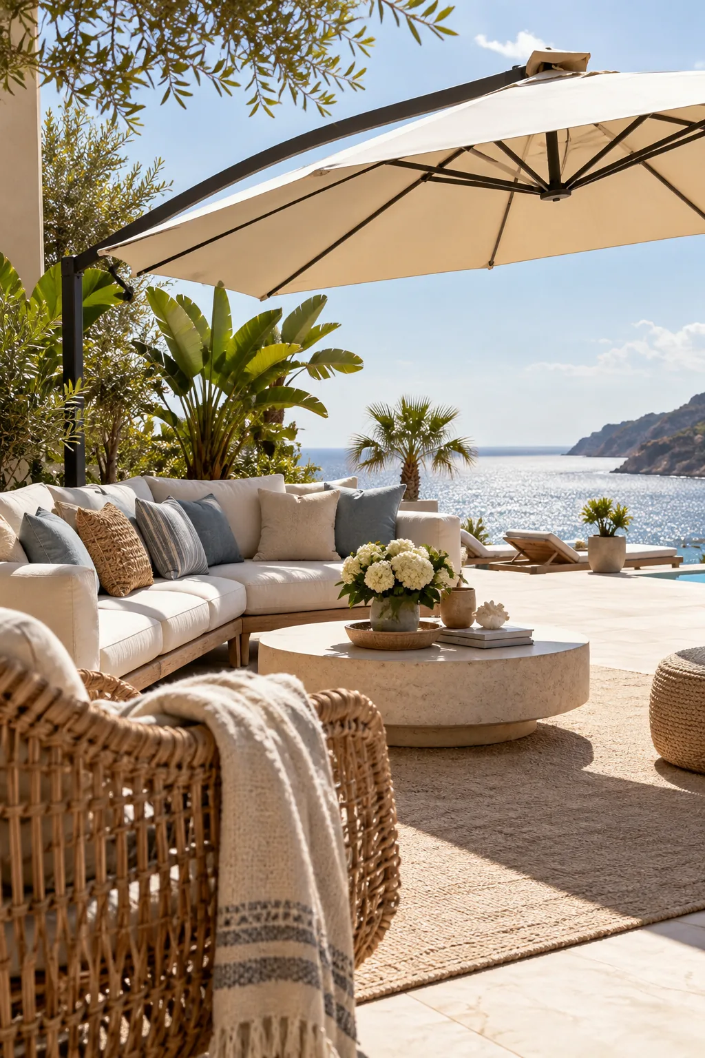 A large cantilever umbrella providing shade over an outdoor sofa setup