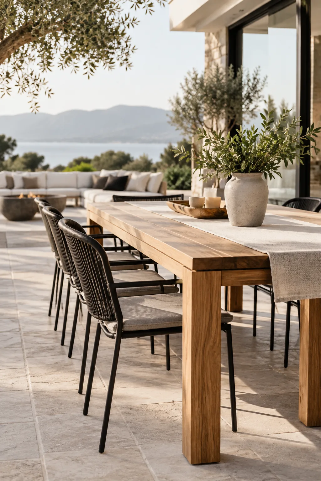 A teak outdoor dining table paired with modern black metal chairs