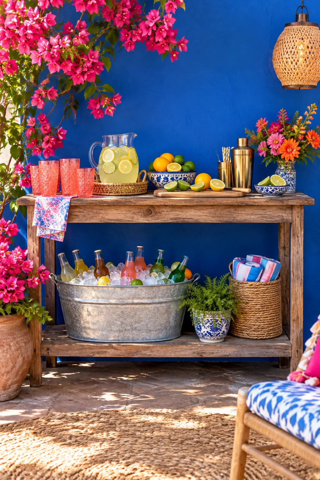 A wooden potting bench used as an outdoor bar with a galvanized drink tub