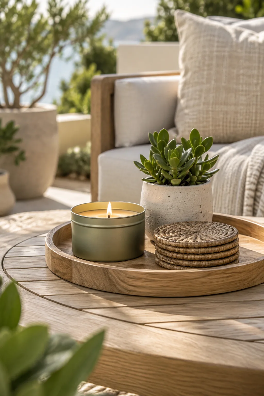 An outdoor coffee table styled with a decorative tray, candle, and small plant