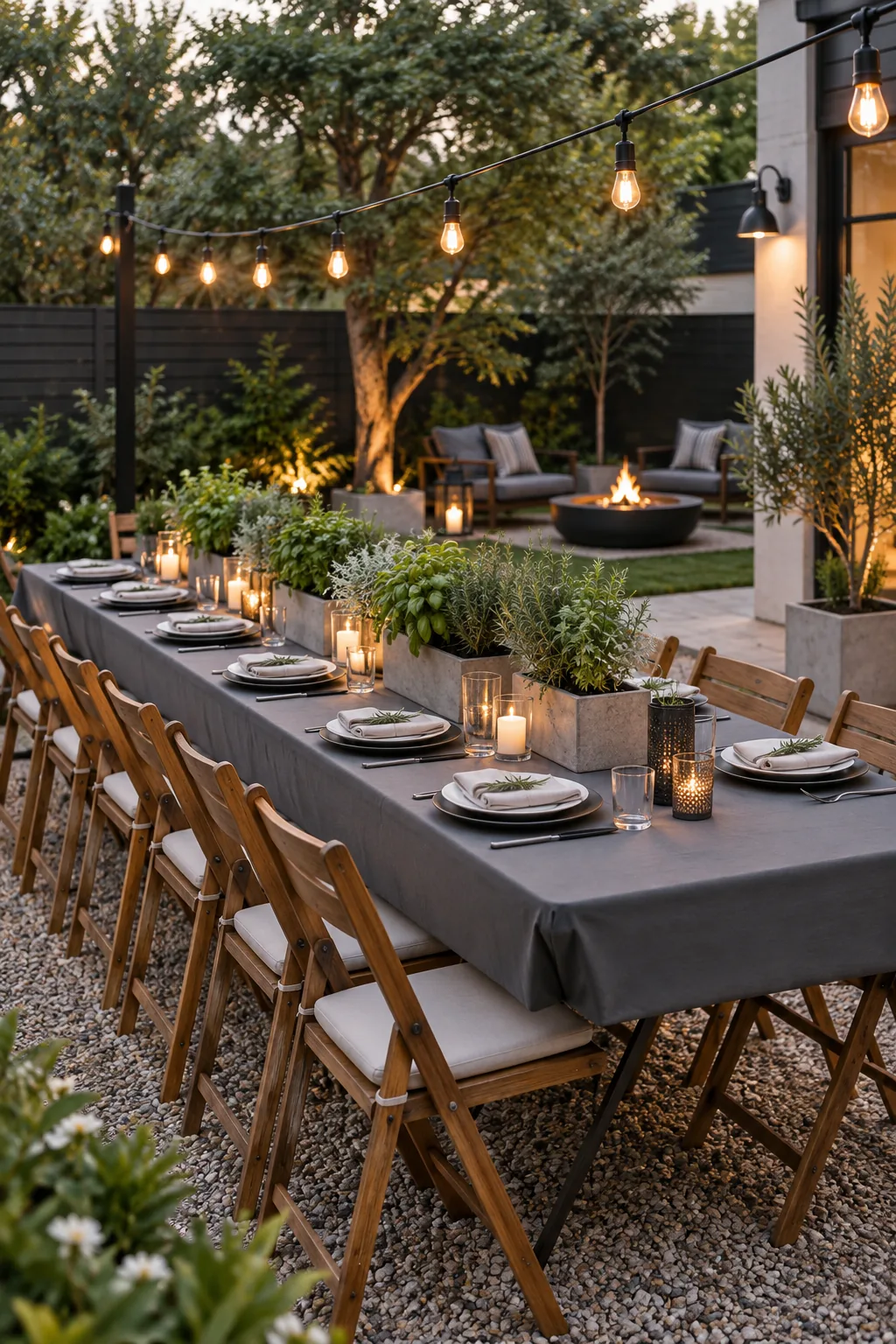 An outdoor dining setup with a slate gray tablecloth, concrete planters, and black wire lights.