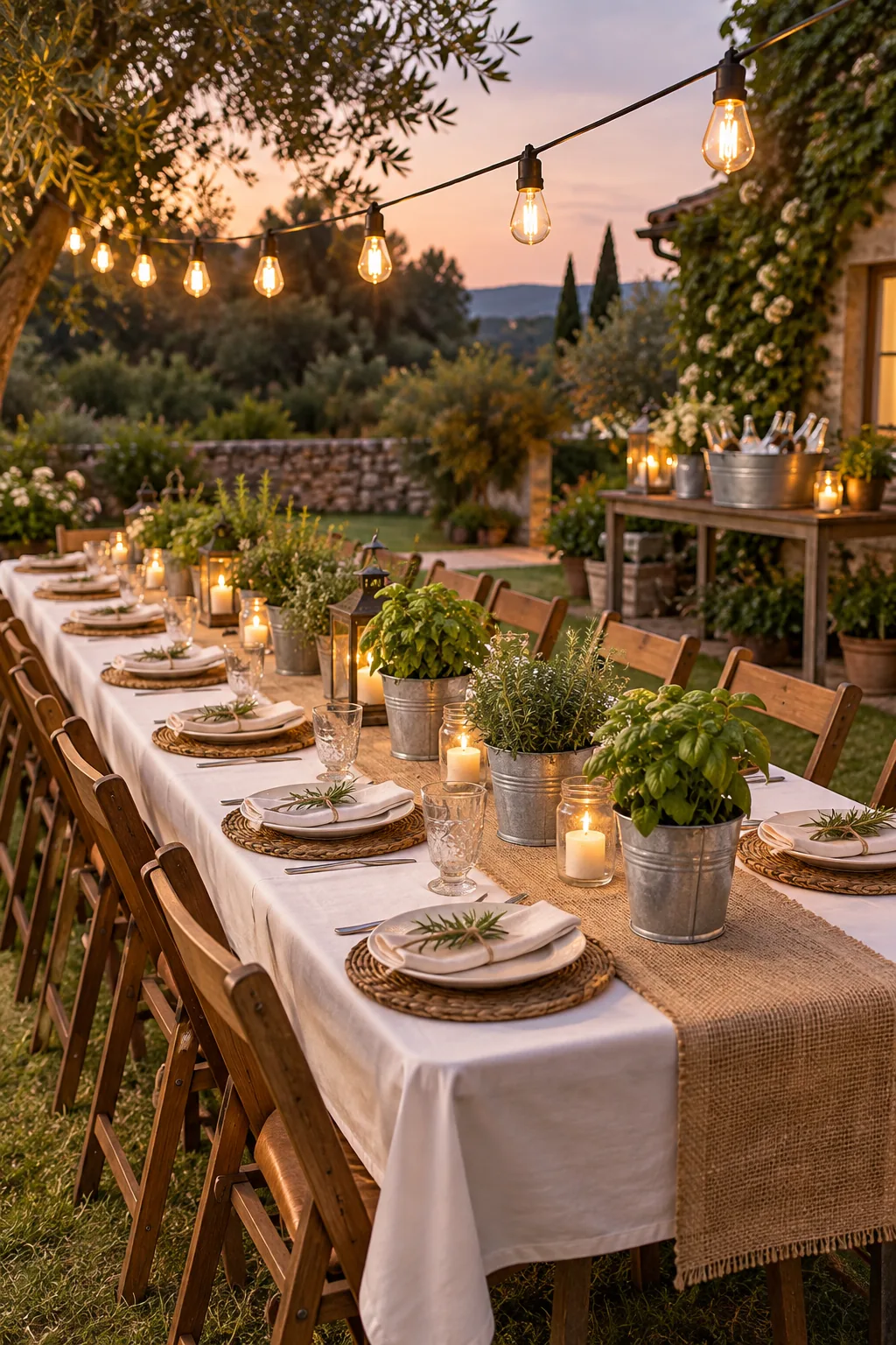 A rustic outdoor table setting with a burlap runner and galvanized pails holding herbs.