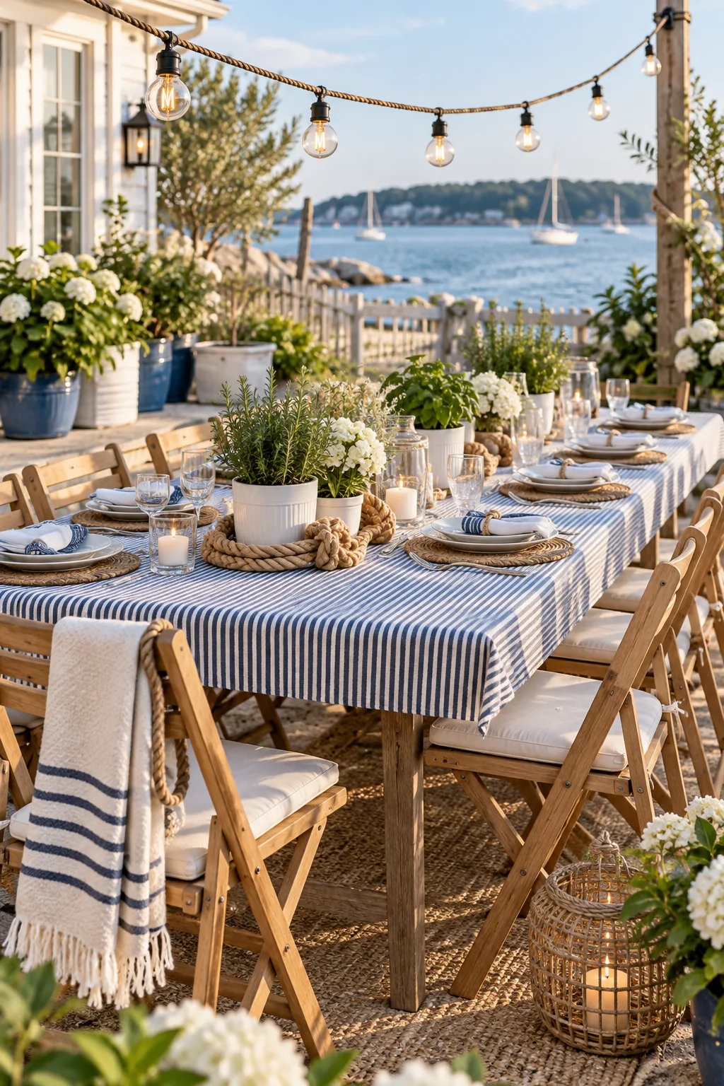 A coastal-themed outdoor table with a navy striped tablecloth and white ceramic pots.