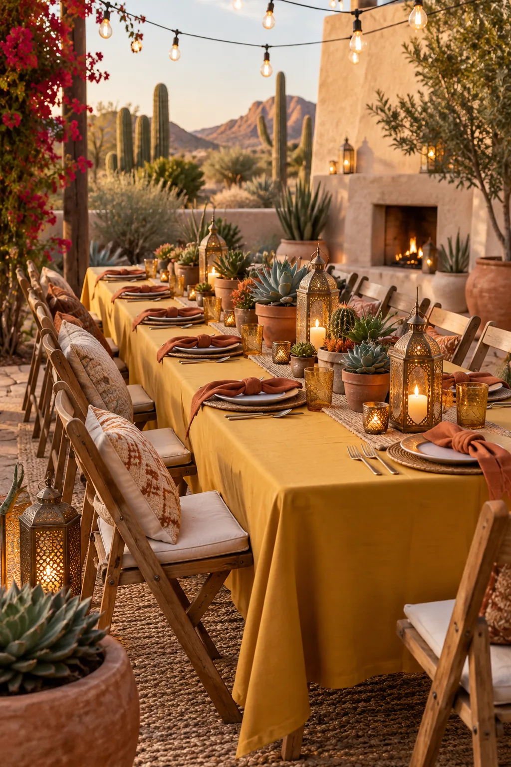 A boho outdoor dining table with a mustard yellow tablecloth, succulents, and brass lanterns.