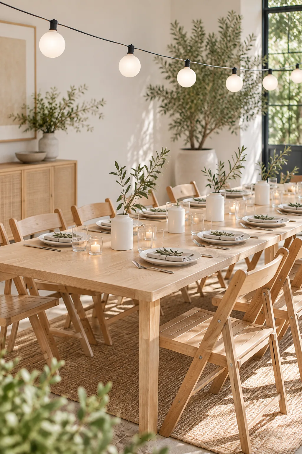 A minimalist outdoor table setting with bare wood, white cylindrical pots, and frosted lights.