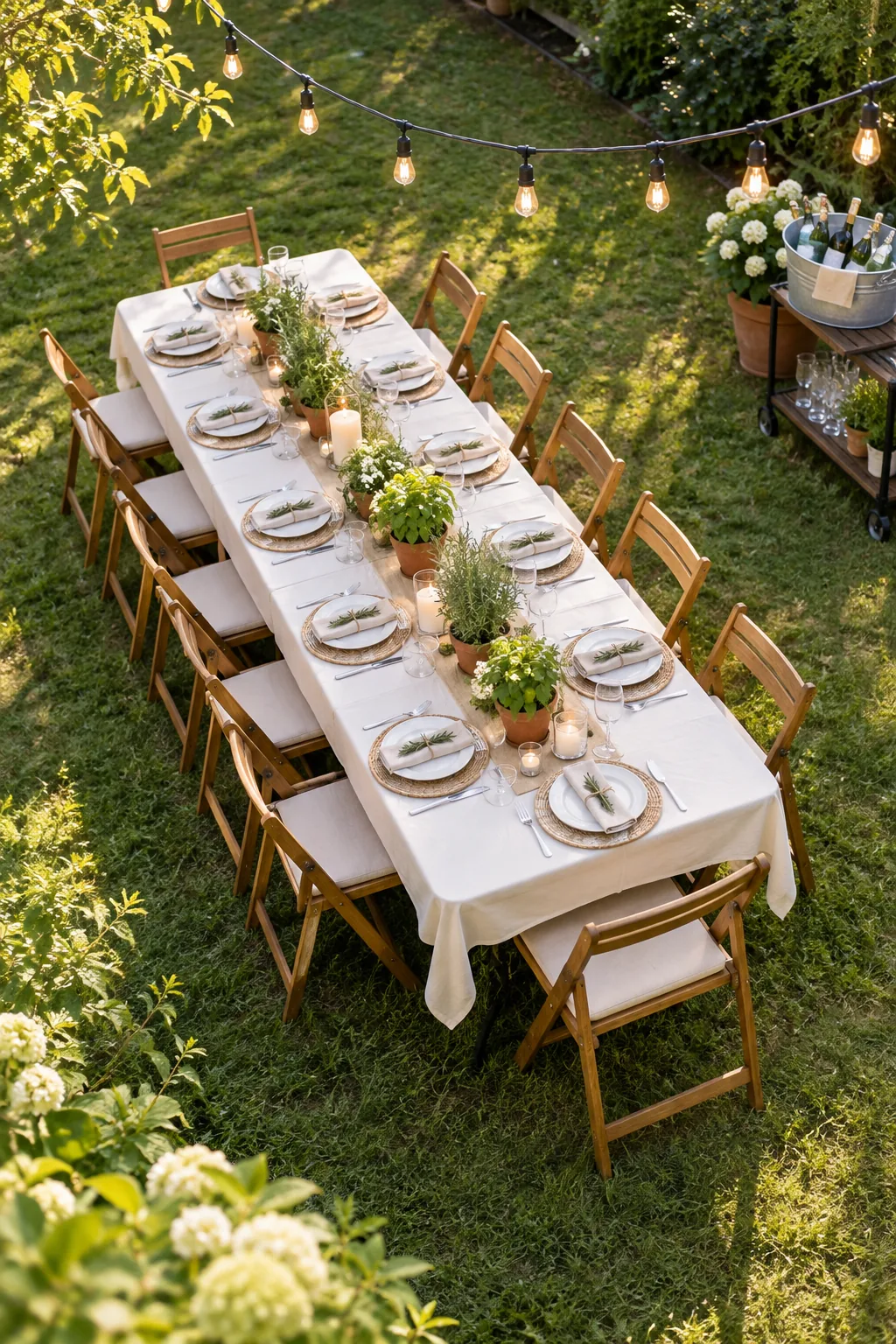 Two long tables joined together on a green lawn surrounded by wooden folding chairs.
