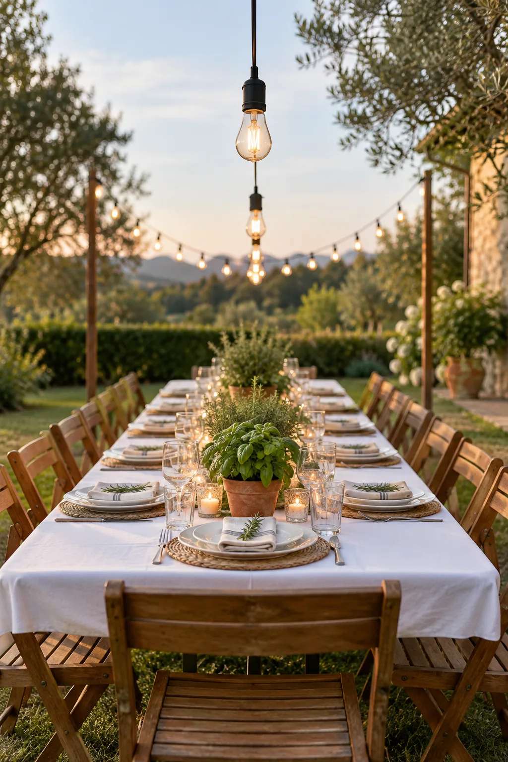 Glowing festoon lights hanging from a taut steel wire above an outdoor dining table.