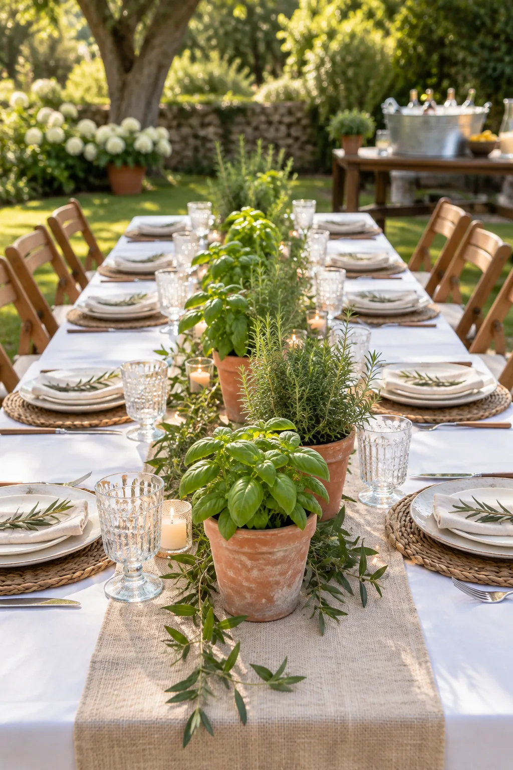 A line of small terracotta pots filled with fresh rosemary and basil down the center of a table.
