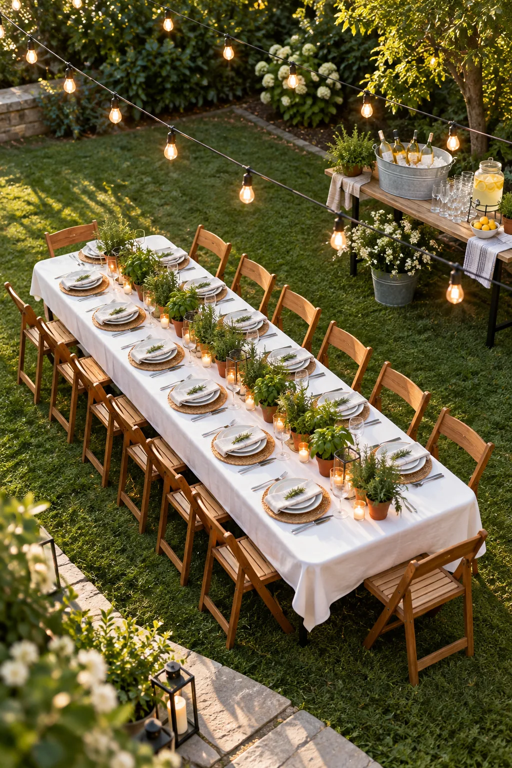 An overhead view of a complete outdoor party setup with a long dining table, overhead lights, and a drink station.