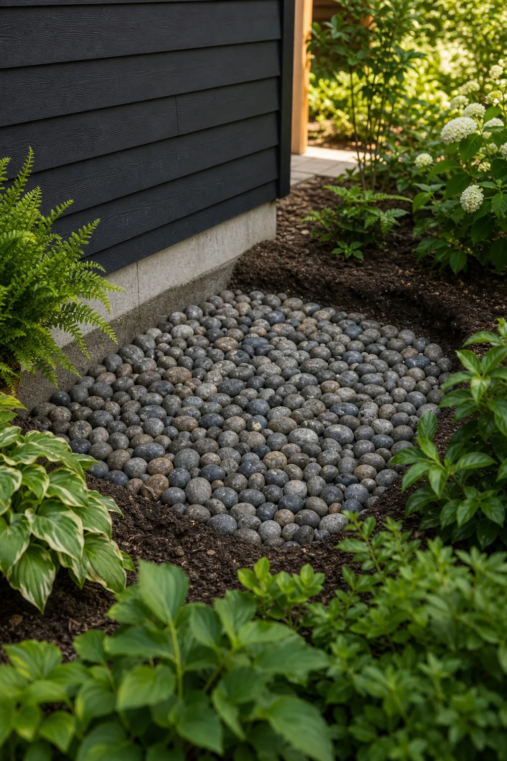 Smooth grey river rocks filling a rectangular drainage pit next to a house foundation.