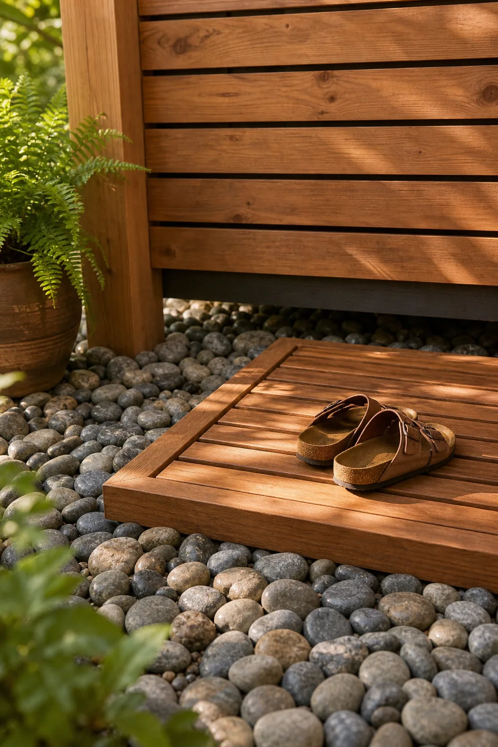 Square cedar slatted shower floor resting on smooth river stones with a pair of sandals.