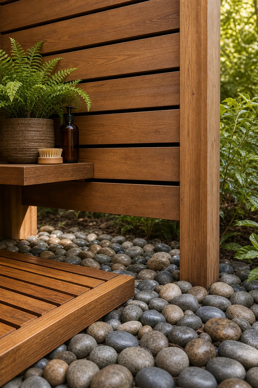 Six-inch gap between the bottom cedar wall slat and the river rock base.