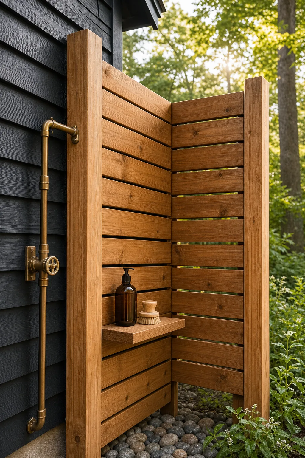 Horizontal cedar boards forming a shower privacy wall with a small shelf holding soap.